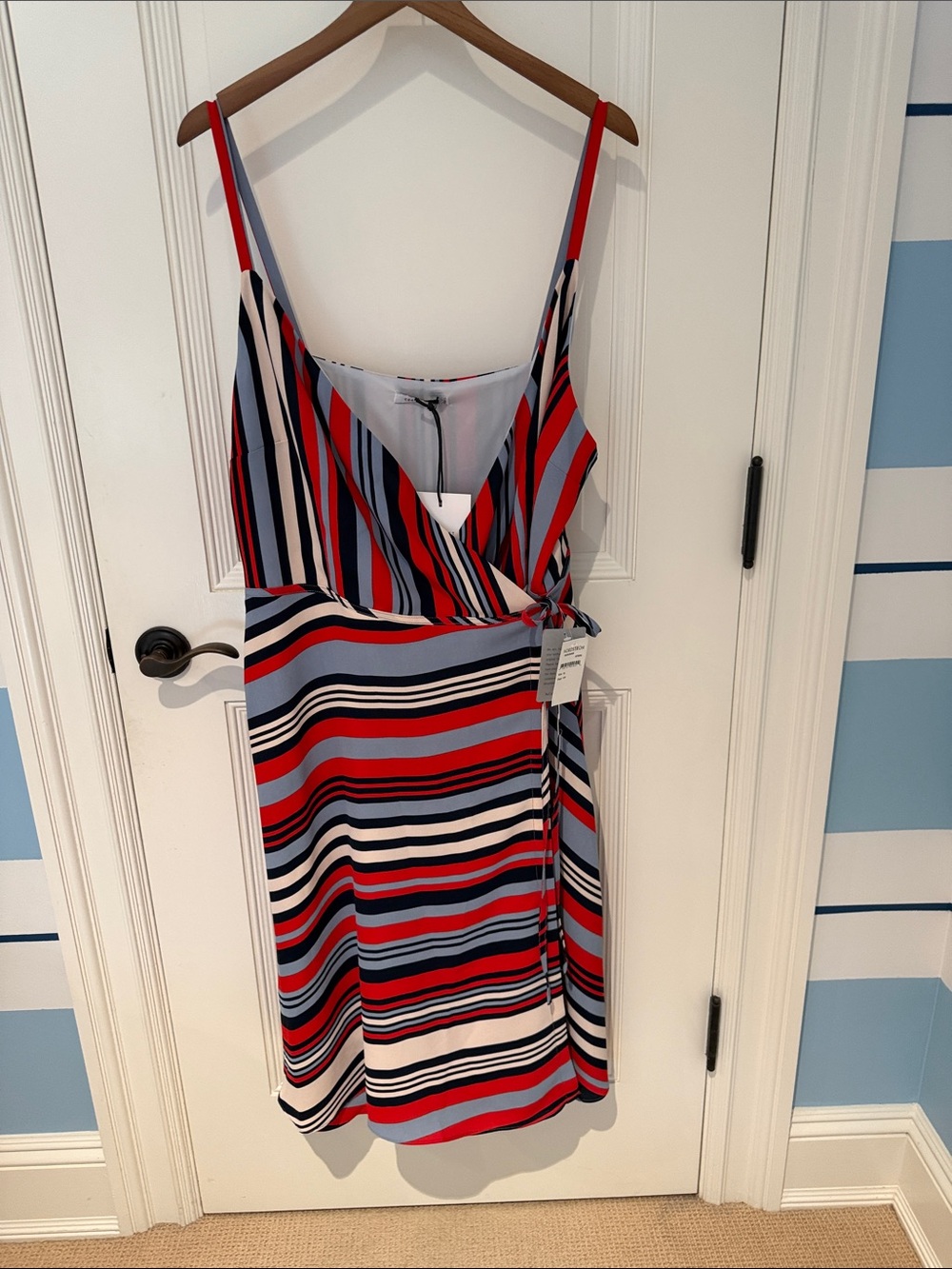 NWT Cooper St Striped Wrap Midi Dress in Red, White, and Blue.